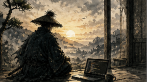 静的サイトの山道で荷物が増えていく浪士のイメージ