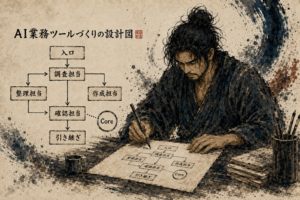 AI事務所キットの設計図を整理する浪士とAIの役割モジュール