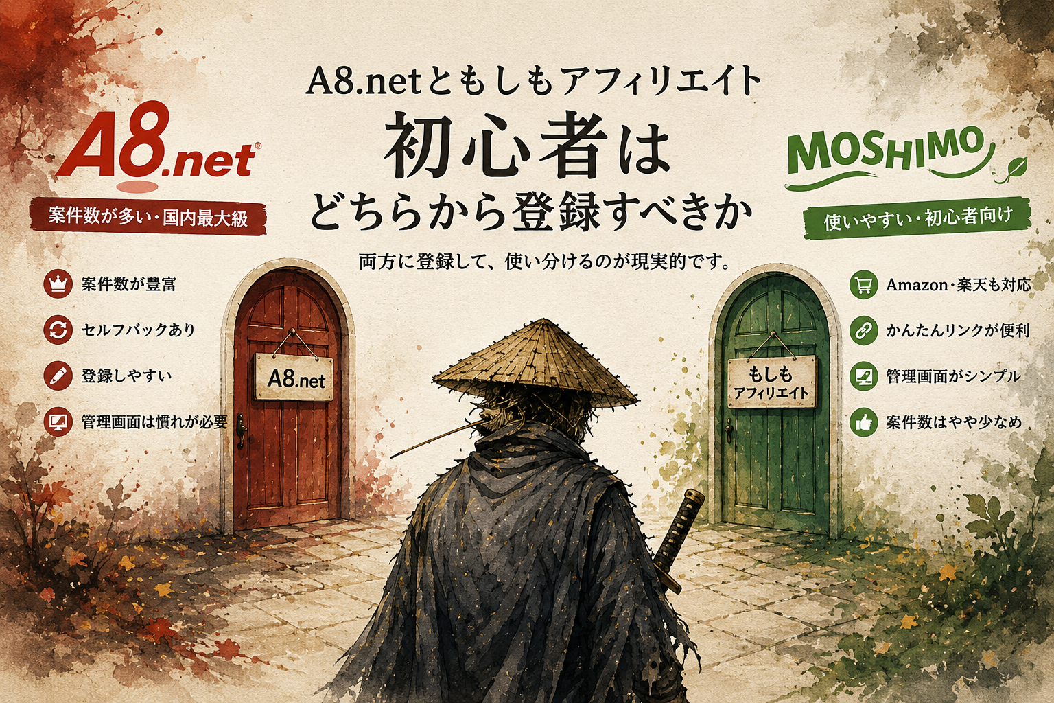A8.netともしもアフィリエイトで迷う初心者向けASP比較のイメージ